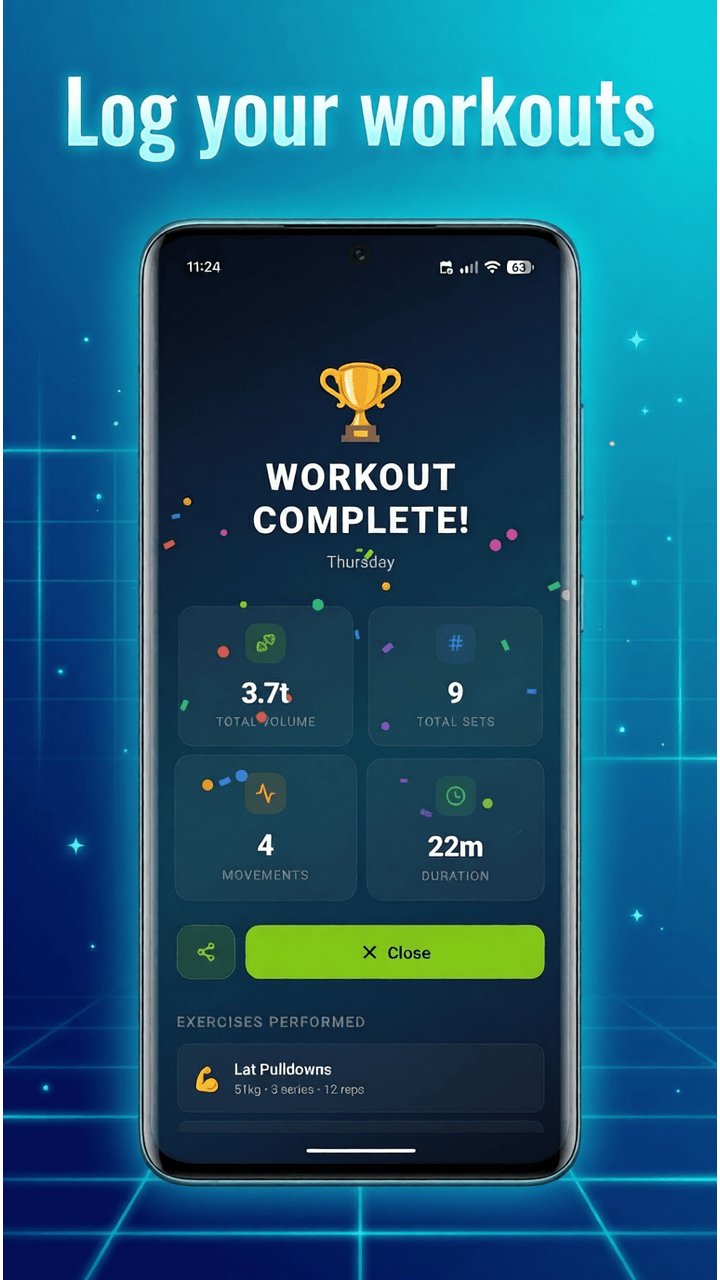 Personal Trainer, workout screen with set logging