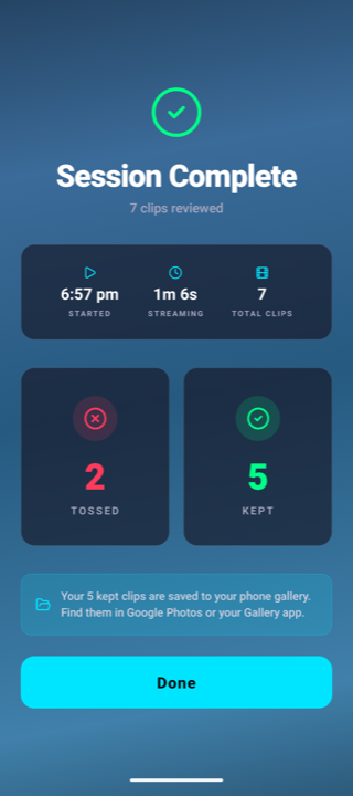 ReplayR, end of session swipe-to-keep