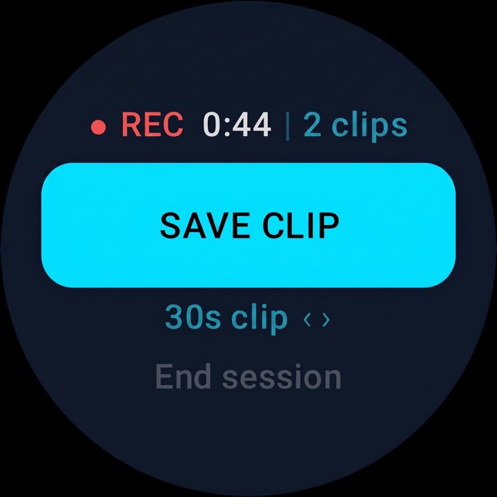 ReplayR, Wear OS save-clip black UI