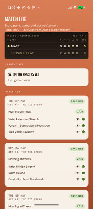 Tennis Elbow Oracle, match log