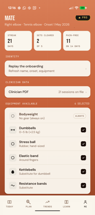 Tennis Elbow Oracle, profile tab